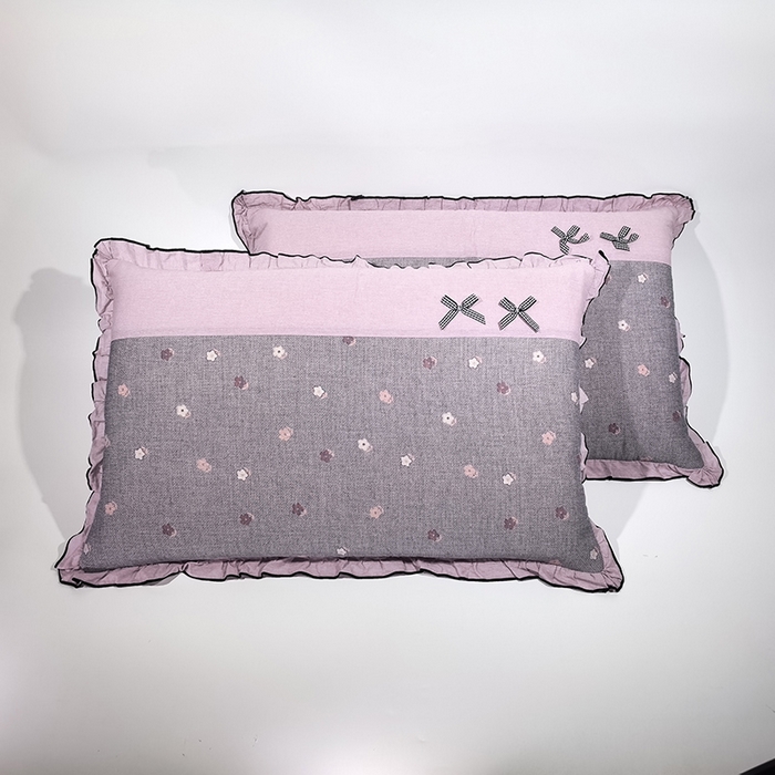 呦呦南宋 2025提花双层纱纯棉枕套多层结构枕头套超声波夹棉4874一对装拼接单品绣线花边拉链款蝴蝶结款枕套 双花灰