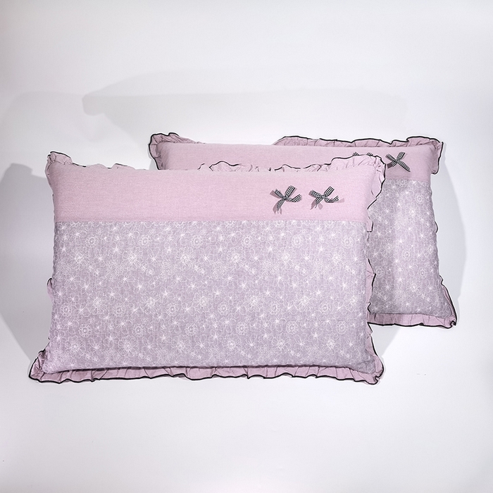 呦呦南宋 2025提花双层纱纯棉枕套多层结构枕头套超声波夹棉4874一对装拼接单品绣线花边拉链款蝴蝶结款枕套 线绘花