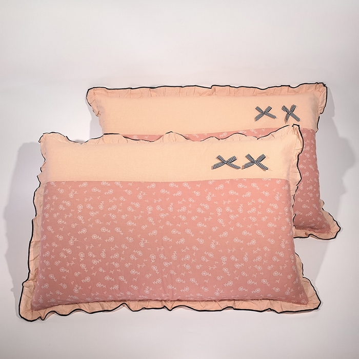 呦呦南宋 2025提花双层纱纯棉枕套多层结构枕头套超声波夹棉4874一对装拼接单品绣线花边拉链款蝴蝶结款枕套 线条花