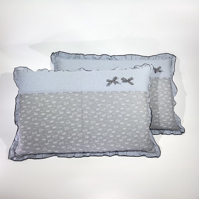 呦呦南宋 2025提花双层纱纯棉枕套多层结构枕头套超声波夹棉4874一对装拼接单品绣线花边拉链款蝴蝶结款枕套 小蓝鱼