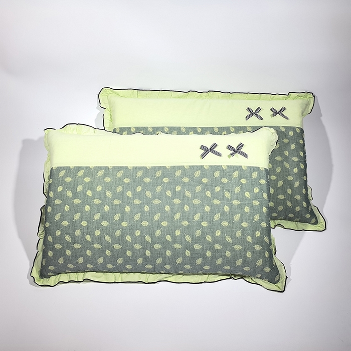 呦呦南宋 2025提花双层纱纯棉枕套多层结构枕头套超声波夹棉4874一对装拼接单品绣线花边拉链款蝴蝶结款枕套 小绿叶