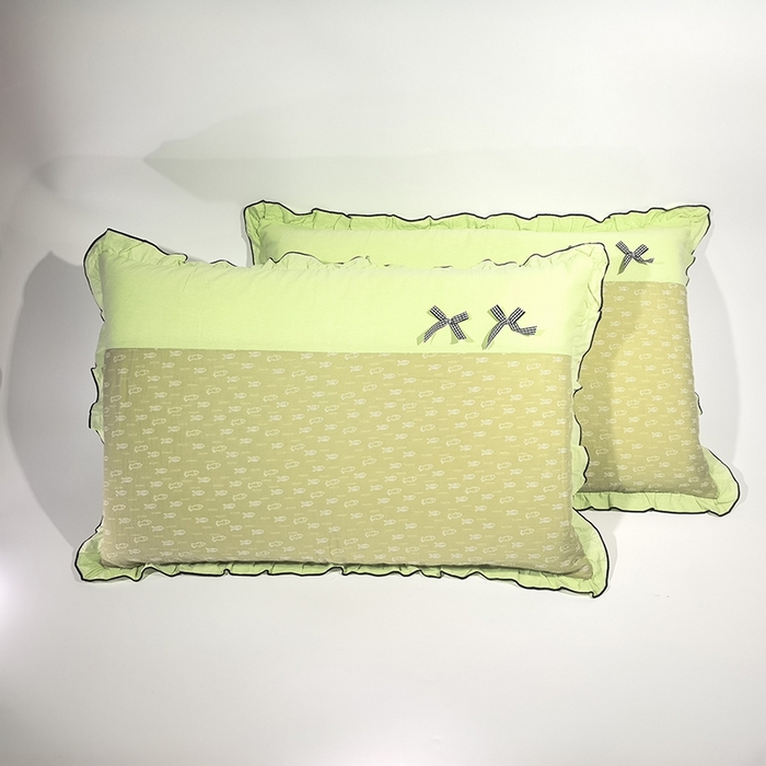 呦呦南宋 2025提花双层纱纯棉枕套多层结构枕头套超声波夹棉4874一对装拼接单品绣线花边拉链款蝴蝶结款枕套 小绿鱼