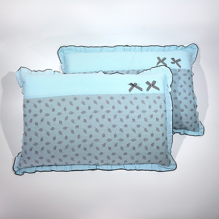 呦呦南宋 2025提花双层纱纯棉枕套多层结构枕头套超声波夹棉4874一对装拼接单品绣线花边拉链款蝴蝶结款枕套 小青叶