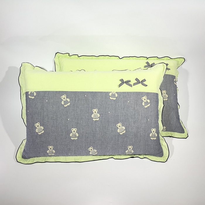 呦呦南宋 2025提花双层纱纯棉枕套多层结构枕头套超声波夹棉4874一对装拼接单品绣线花边拉链款蝴蝶结款枕套 小熊蓝