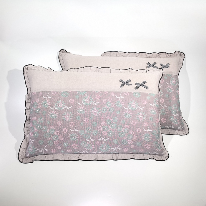 呦呦南宋 2025提花双层纱纯棉枕套多层结构枕头套超声波夹棉4874一对装拼接单品绣线花边拉链款蝴蝶结款枕套 椰树紫