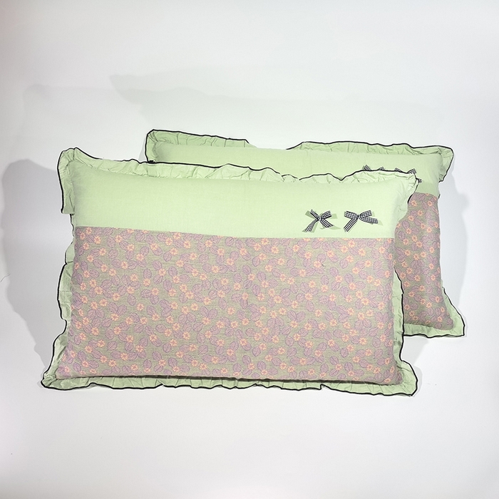 呦呦南宋 2025提花双层纱纯棉枕套多层结构枕头套超声波夹棉4874一对装拼接单品绣线花边拉链款蝴蝶结款枕套 野花绿