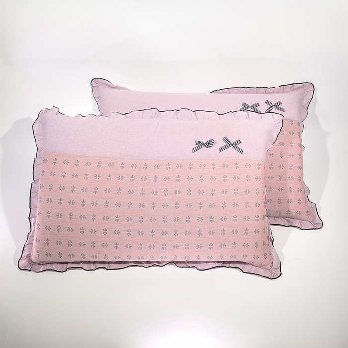 呦呦南宋 2025提花双层纱纯棉枕套多层结构枕头套超声波夹棉4874一对装拼接单品绣线花边拉链款蝴蝶结款枕套 族纹粉