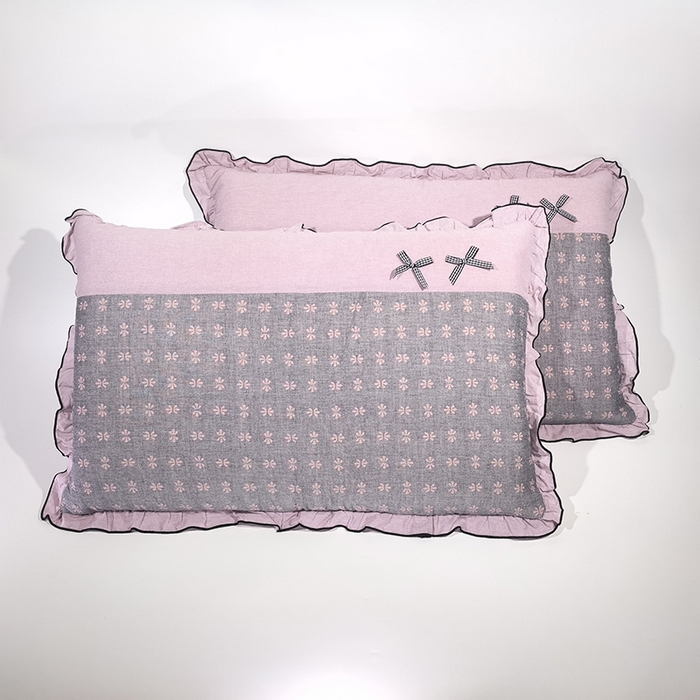 呦呦南宋 2025提花双层纱纯棉枕套多层结构枕头套超声波夹棉4874一对装拼接单品绣线花边拉链款蝴蝶结款枕套 族纹灰