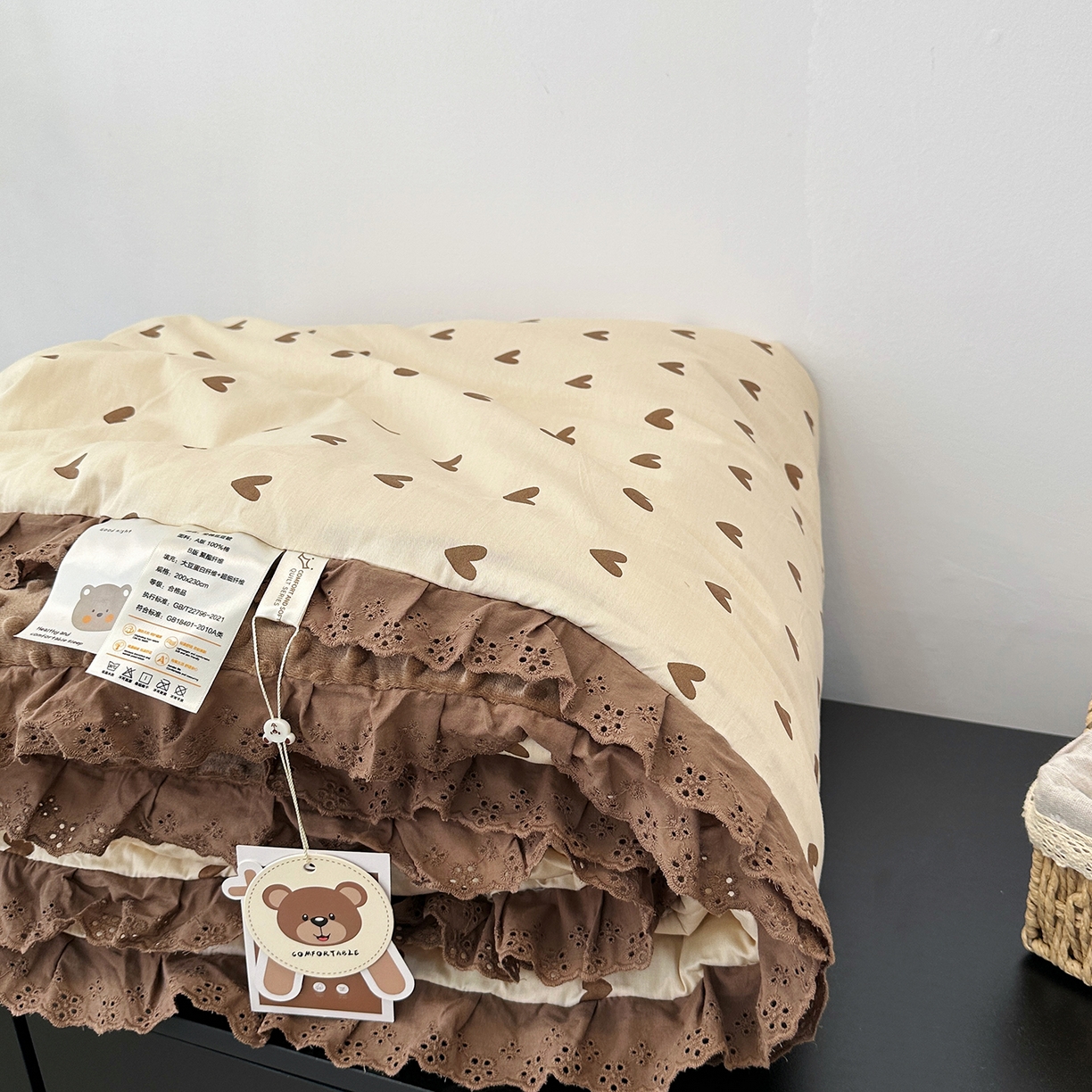 91家纺网 家纺一手货源 找家纺 佰织鑫家居 2025秋冬加厚纯棉全棉法式豆豆被被子被芯 爱心咖