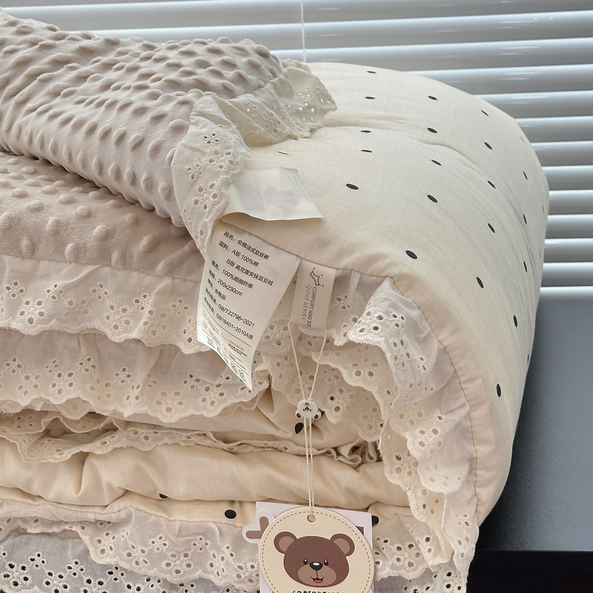 91家纺网 家纺一手货源 找家纺 佰织鑫家居 2025秋冬加厚纯棉全棉法式豆豆被被子被芯 波点