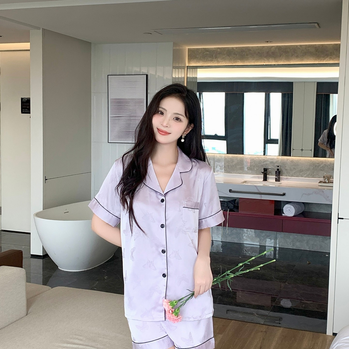 妍景家居生活馆 2025新款冰雪丝简约小翻领短袖短裤 紫色