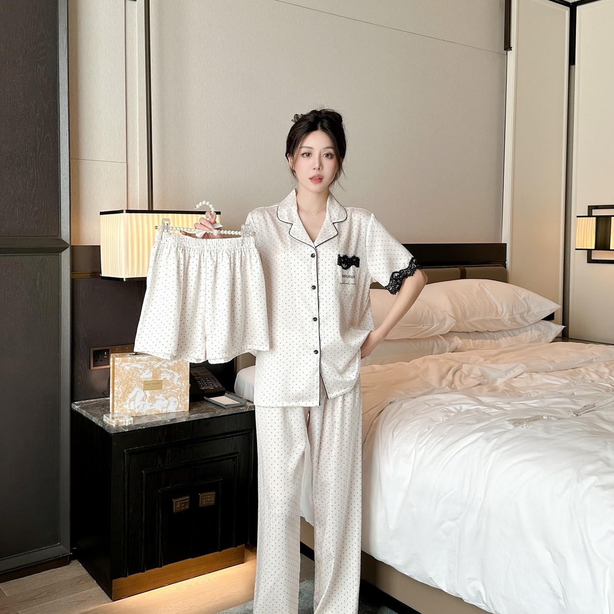 妍景家居生活馆 2025新款冰雪丝蕾丝波点三件套 白色