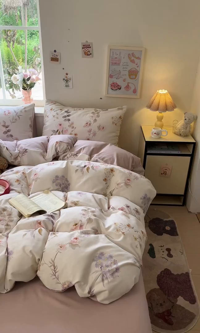 91家纺网 家纺一手货源 找家纺 西引力 2025新款纯棉磨毛数码印花单品四件套 半夏