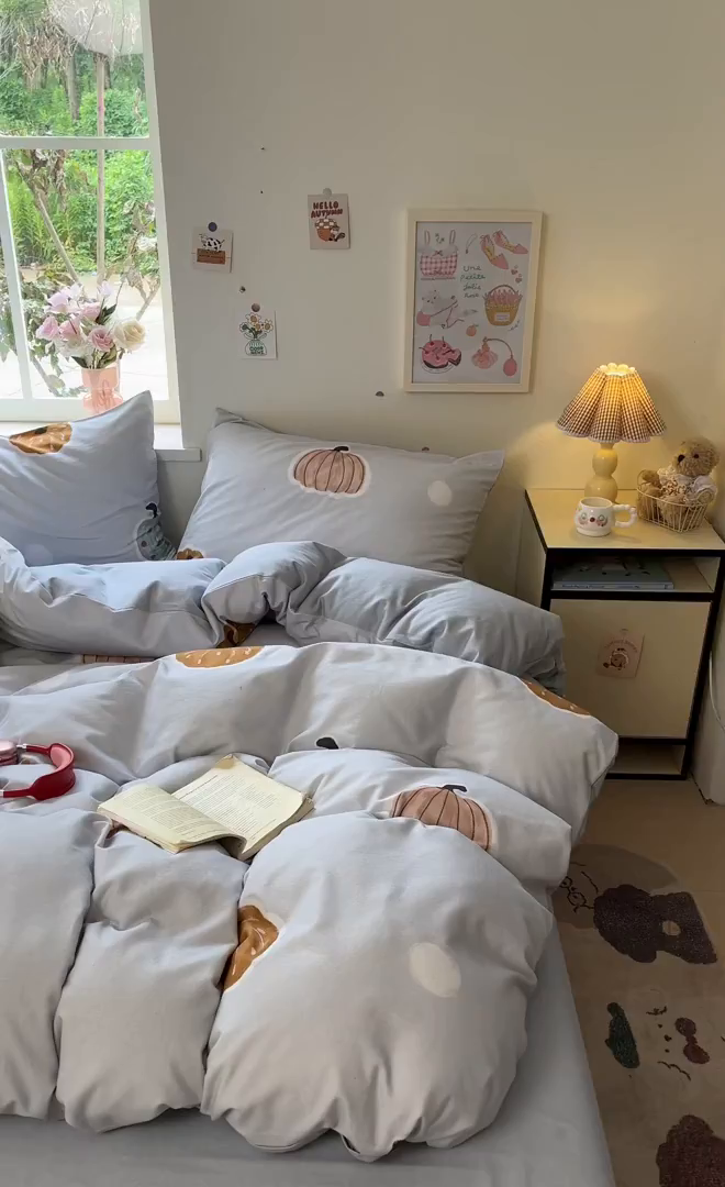 91家纺网 家纺一手货源 找家纺 西引力 2025新款纯棉磨毛数码印花单品四件套 南瓜