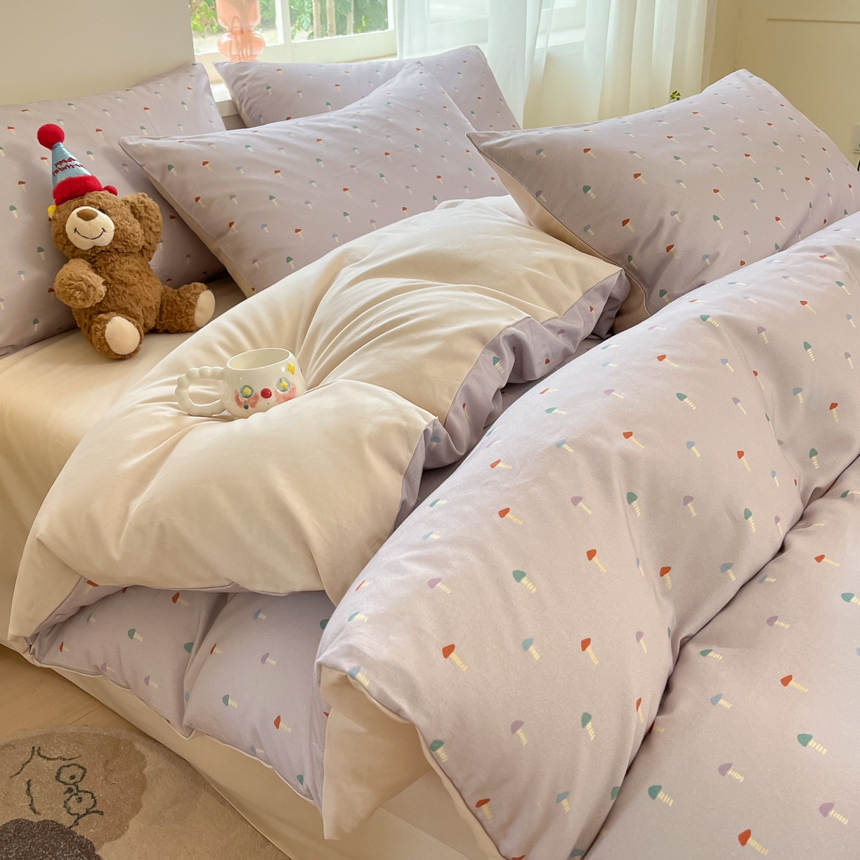 91家纺网 家纺一手货源 找家纺 西引力 2025新款纯棉磨毛数码印花单品四件套 小蘑菇