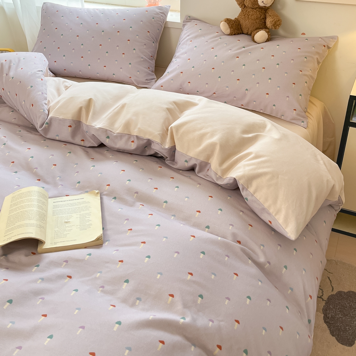 91家纺网 家纺一手货源 找家纺 西引力 2025新款纯棉磨毛数码印花单品四件套 小蘑菇