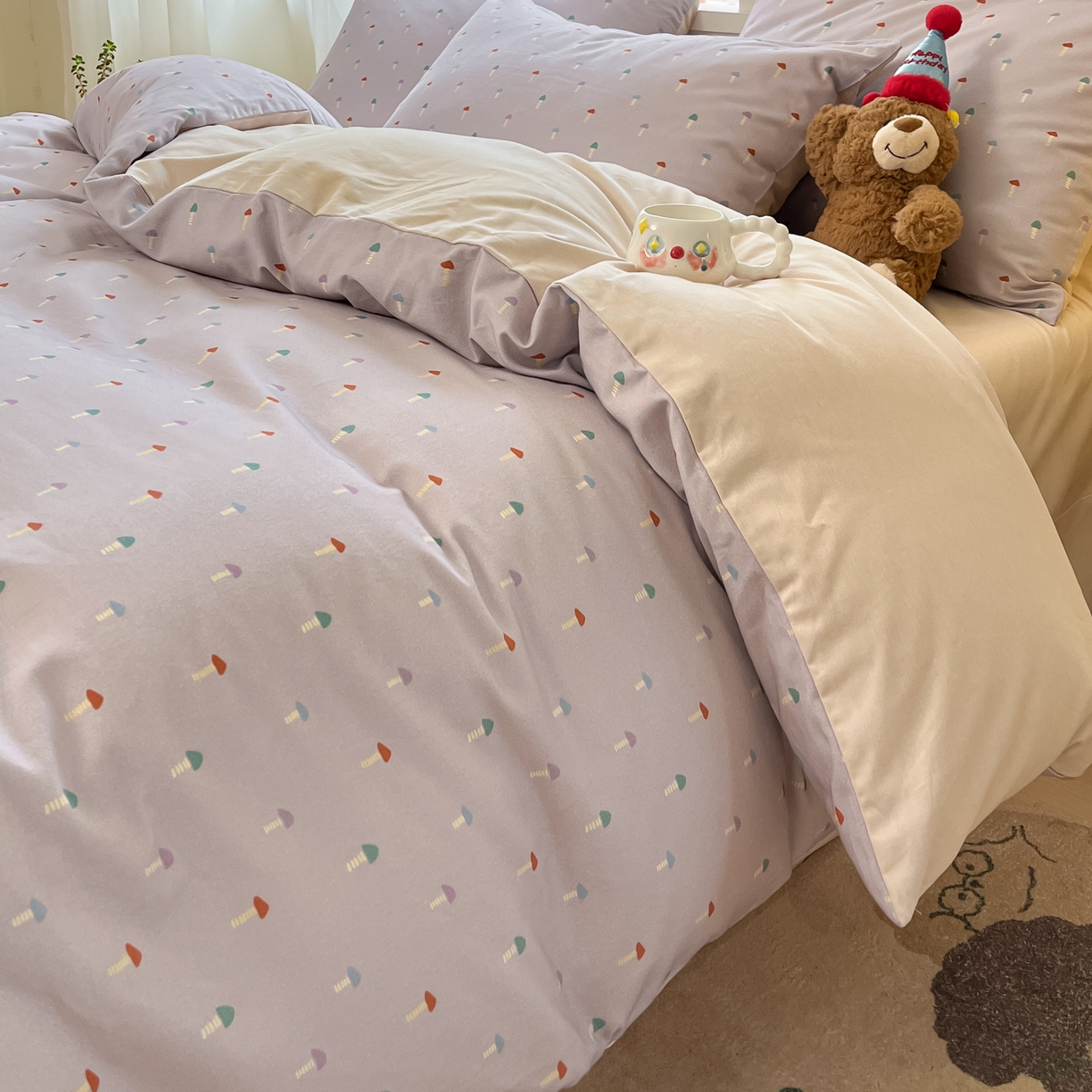 91家纺网 家纺一手货源 找家纺 西引力 2025新款纯棉磨毛数码印花单品四件套 小蘑菇