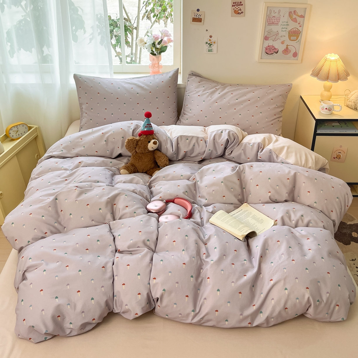 91家纺网 家纺一手货源 找家纺 西引力 2025新款纯棉磨毛数码印花单品四件套 小蘑菇