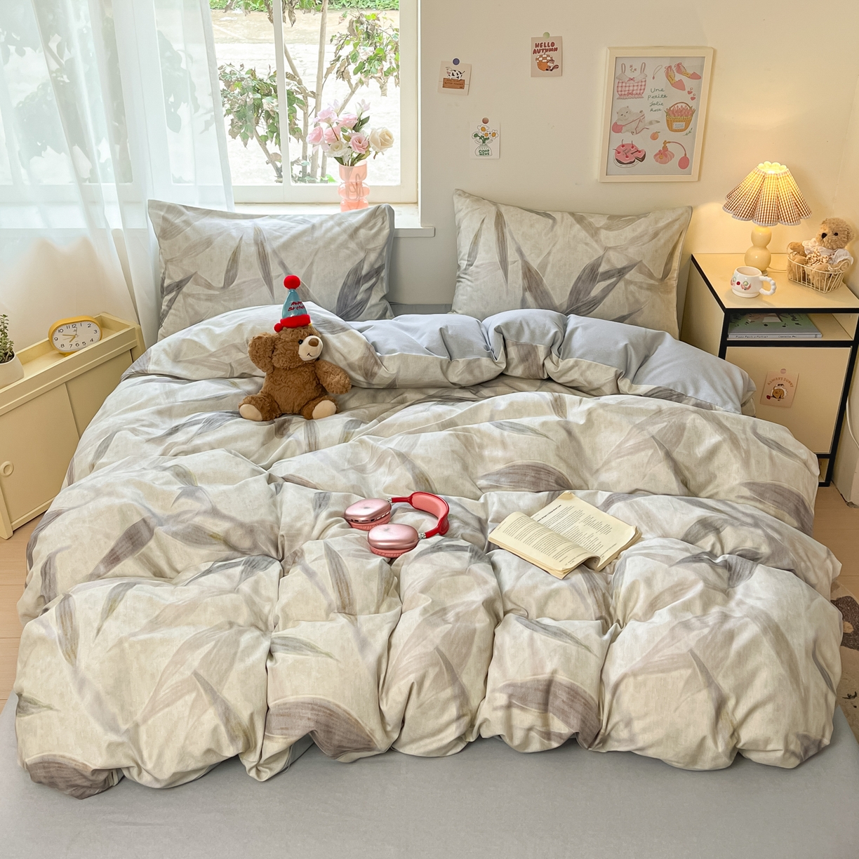 91家纺网 家纺一手货源 找家纺 西引力 2025新款纯棉磨毛数码印花单品四件套 竹叶