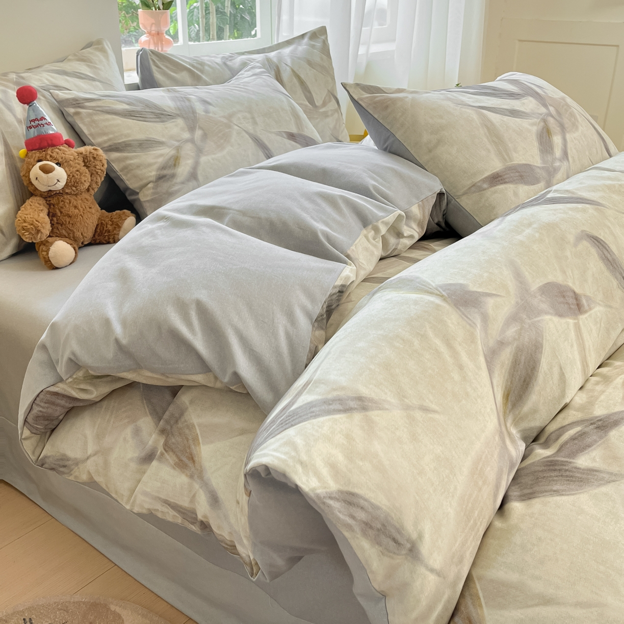 91家纺网 家纺一手货源 找家纺 西引力 2025新款纯棉磨毛数码印花单品四件套 竹叶