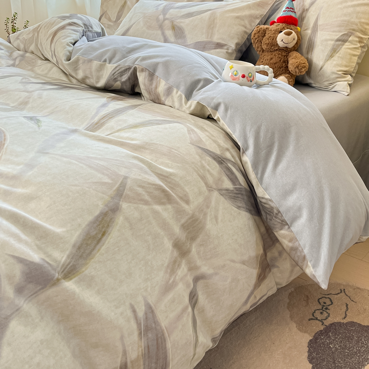 91家纺网 家纺一手货源 找家纺 西引力 2025新款纯棉磨毛数码印花单品四件套 竹叶