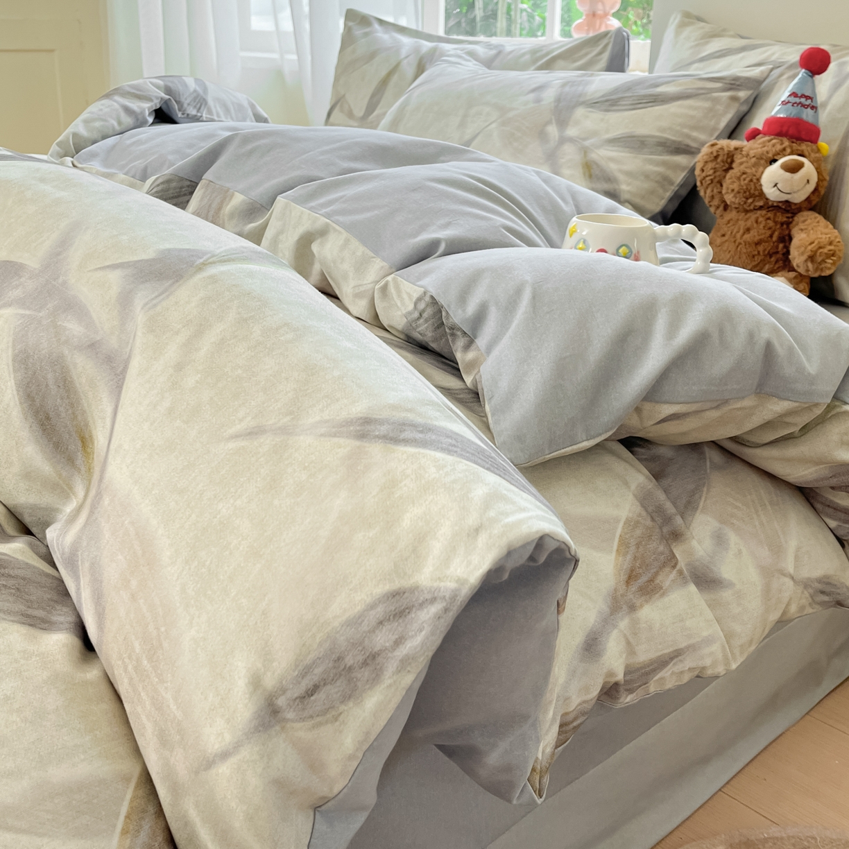 91家纺网 家纺一手货源 找家纺 西引力 2025新款纯棉磨毛数码印花单品四件套 竹叶