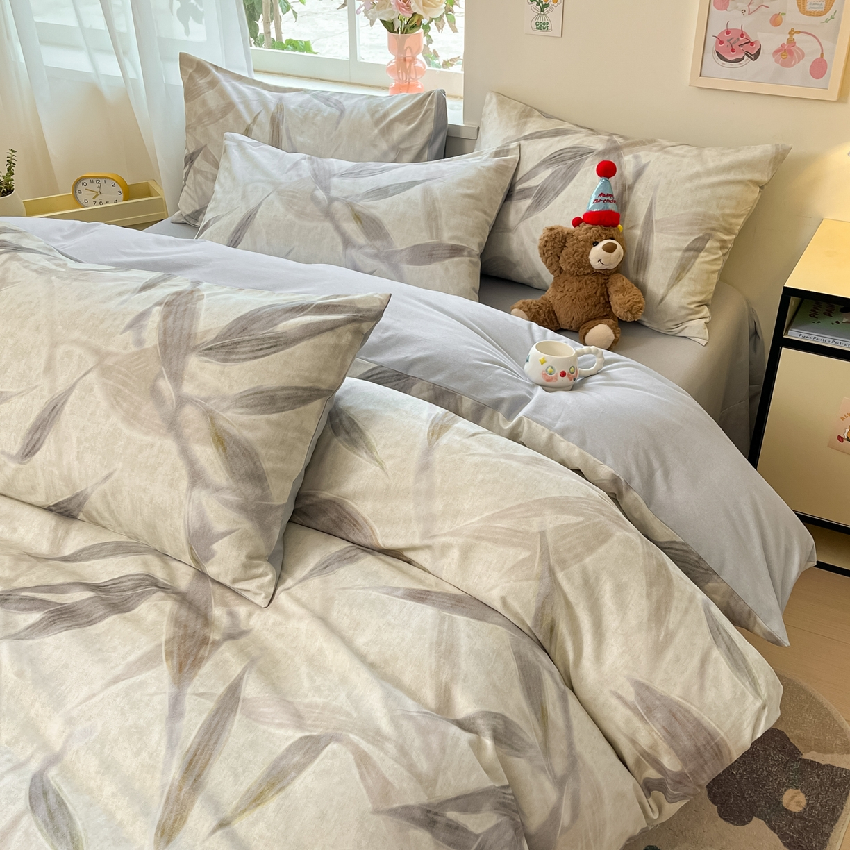 91家纺网 家纺一手货源 找家纺 西引力 2025新款纯棉磨毛数码印花单品四件套 竹叶