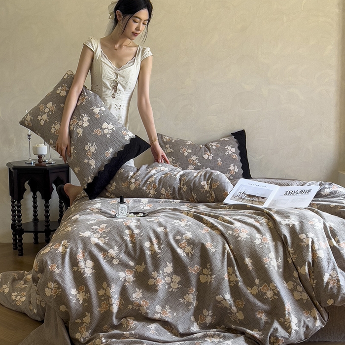 91家纺网 家纺一手货源 找家纺 繁花家居 2025秋冬磨毛复古亚麻棉麻提花超软四件套 古咖芳华