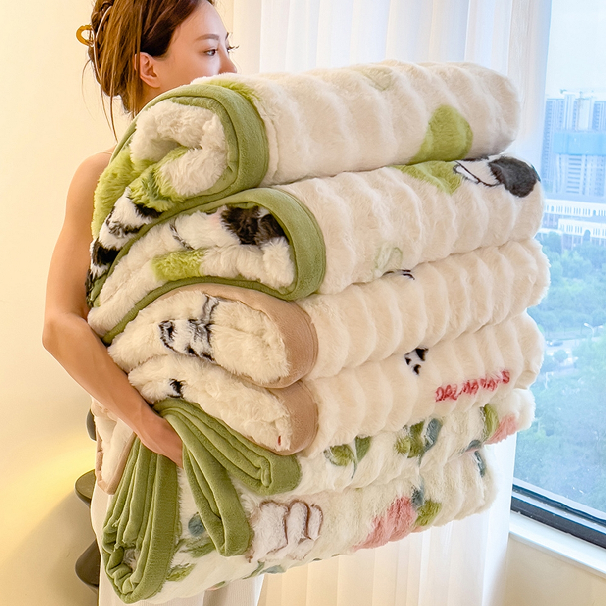 91家纺网 家纺一手货源 找家纺 摩妮卡 2025新款热款直播600克大泡泡兔毛复合毛毯牛奶绒 组合图