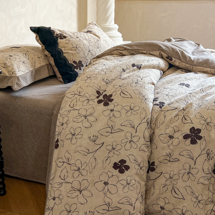 91家纺网 家纺一手货源 找家纺 繁花家居 2025秋冬磨毛复古亚麻棉麻提花超软四件套 钱蔓花吟