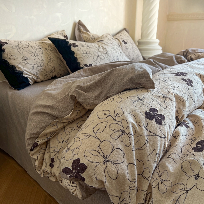 91家纺网 家纺一手货源 找家纺 繁花家居 2025秋冬磨毛复古亚麻棉麻提花超软四件套 钱蔓花吟