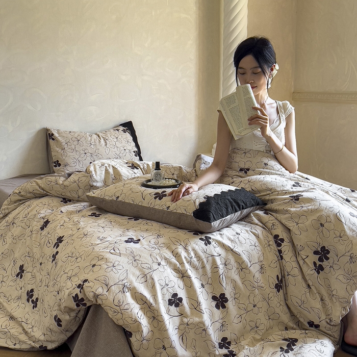 91家纺网 家纺一手货源 找家纺 繁花家居 2025秋冬磨毛复古亚麻棉麻提花超软四件套 钱蔓花吟