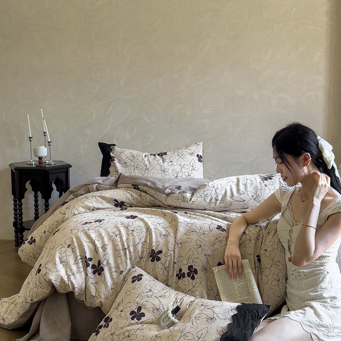 91家纺网 家纺一手货源 找家纺 繁花家居 2025秋冬磨毛复古亚麻棉麻提花超软四件套 钱蔓花吟