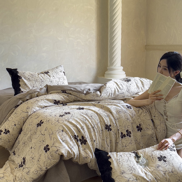 91家纺网 家纺一手货源 找家纺 繁花家居 2025秋冬磨毛复古亚麻棉麻提花超软四件套 钱蔓花吟