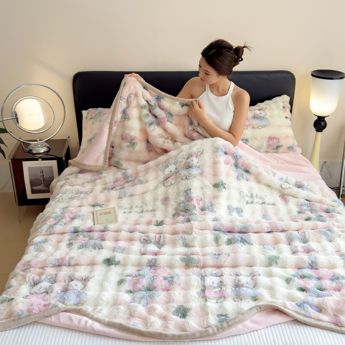 91家纺网 家纺一手货源 找家纺 摩妮卡 2025新款600克大泡泡兔毛复合毛毯牛奶绒