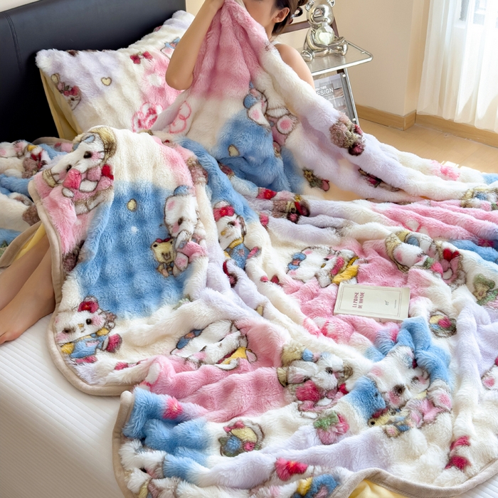 91家纺网 家纺一手货源 找家纺 摩妮卡 2025新款热款直播600克大泡泡兔毛复合毛毯牛奶绒 爱吃猫猫