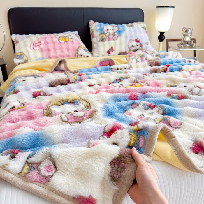 91家纺网 家纺一手货源 找家纺 摩妮卡 2025新款热款直播600克大泡泡兔毛复合毛毯牛奶绒 爱吃猫猫