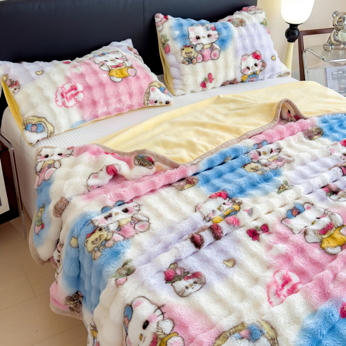 91家纺网 家纺一手货源 找家纺 摩妮卡 2025新款热款直播600克大泡泡兔毛复合毛毯牛奶绒 爱吃猫猫