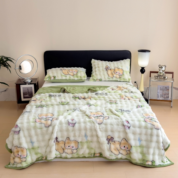 91家纺网 家纺一手货源 找家纺 摩妮卡 2025新款热款直播600克大泡泡兔毛复合毛毯牛奶绒 萌物来袭