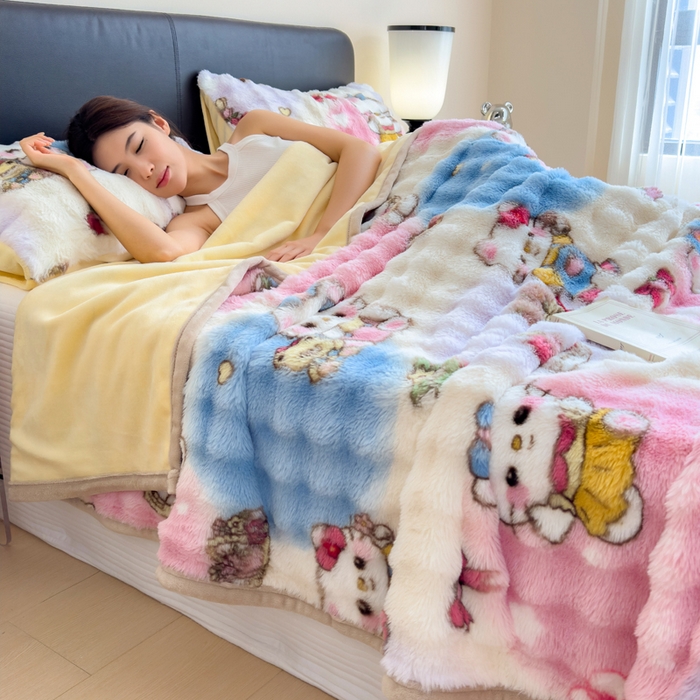 91家纺网 家纺一手货源 找家纺 摩妮卡 2025新款热款直播600克大泡泡兔毛复合毛毯牛奶绒 爱吃猫猫