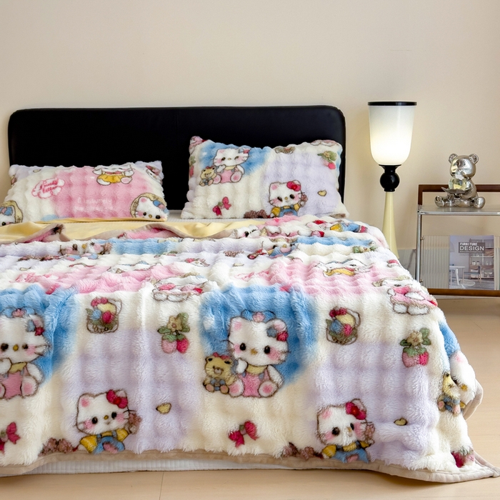 91家纺网 家纺一手货源 找家纺 摩妮卡 2025新款热款直播600克大泡泡兔毛复合毛毯牛奶绒 爱吃猫猫