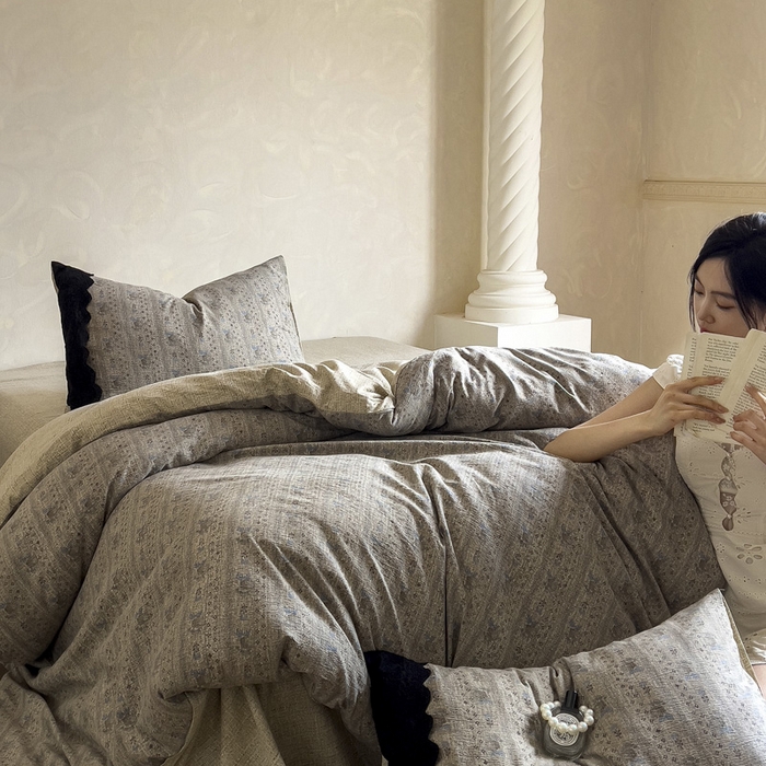 91家纺网 家纺一手货源 找家纺 繁花家居 2025秋冬磨毛复古亚麻棉麻提花超软四件套 古纹雅韵