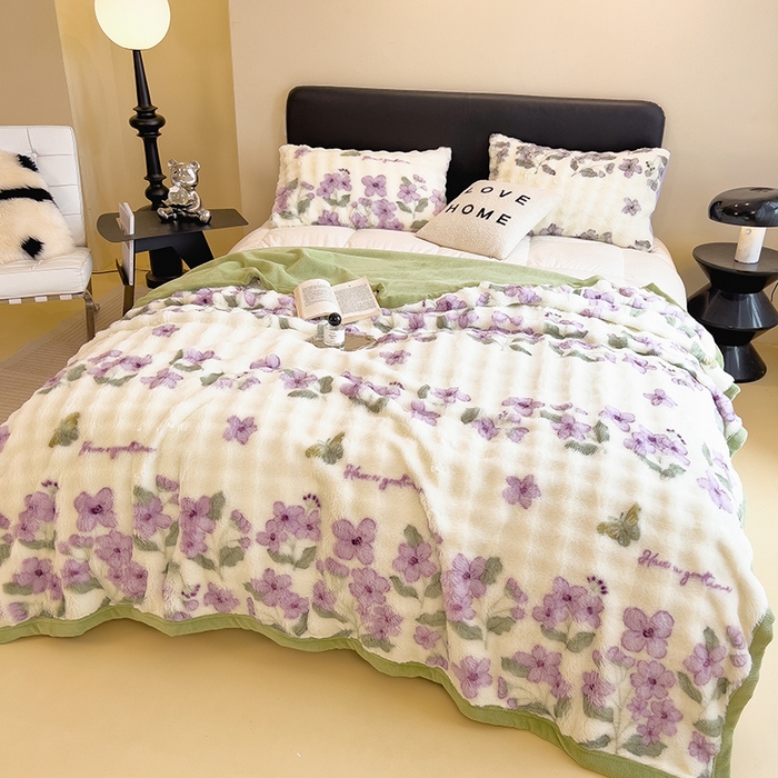 91家纺网 家纺一手货源 找家纺 摩妮卡 2025新款热款直播600克大泡泡兔毛复合毛毯牛奶绒 暗香紫苑