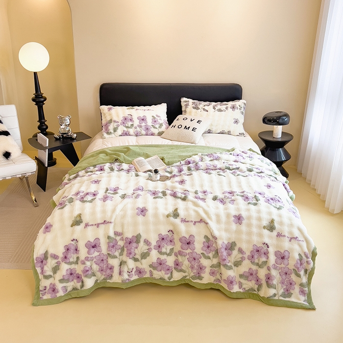 91家纺网 家纺一手货源 找家纺 摩妮卡 2025新款热款直播600克大泡泡兔毛复合毛毯牛奶绒 暗香紫苑