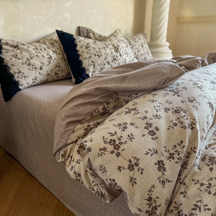 91家纺网 家纺一手货源 找家纺 繁花家居 2025秋冬磨毛复古亚麻棉麻提花超软四件套 古韵芳菲