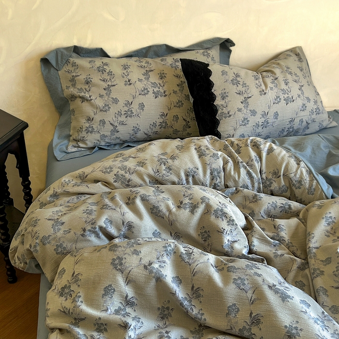 91家纺网 家纺一手货源 找家纺 繁花家居 2025秋冬磨毛复古亚麻棉麻提花超软四件套 灰影花吟