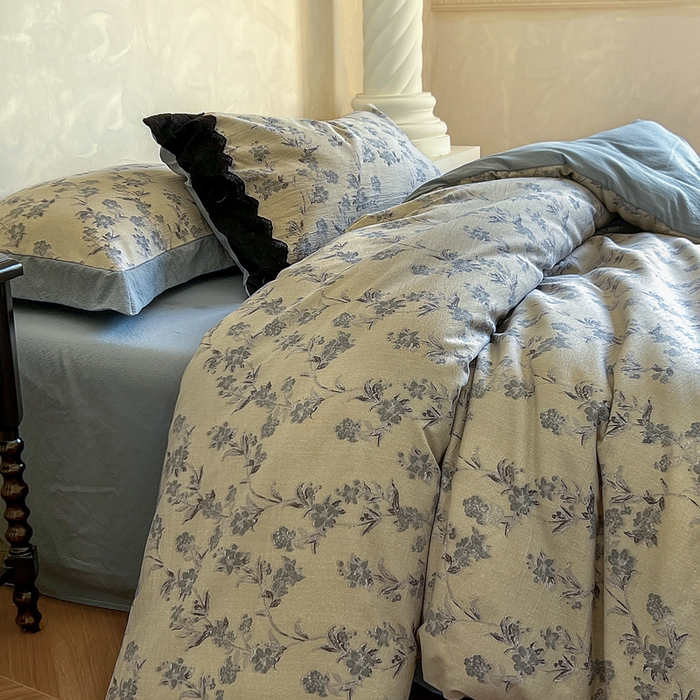 91家纺网 家纺一手货源 找家纺 繁花家居 2025秋冬磨毛复古亚麻棉麻提花超软四件套 灰影花吟