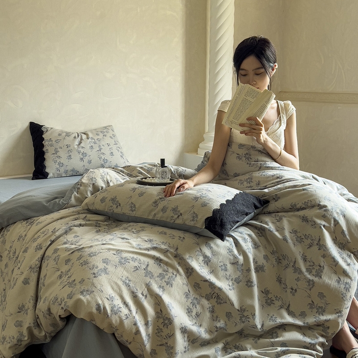 91家纺网 家纺一手货源 找家纺 繁花家居 2025秋冬磨毛复古亚麻棉麻提花超软四件套 灰影花吟