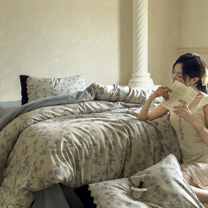 91家纺网 家纺一手货源 找家纺 繁花家居 2025秋冬磨毛复古亚麻棉麻提花超软四件套 灰影花吟