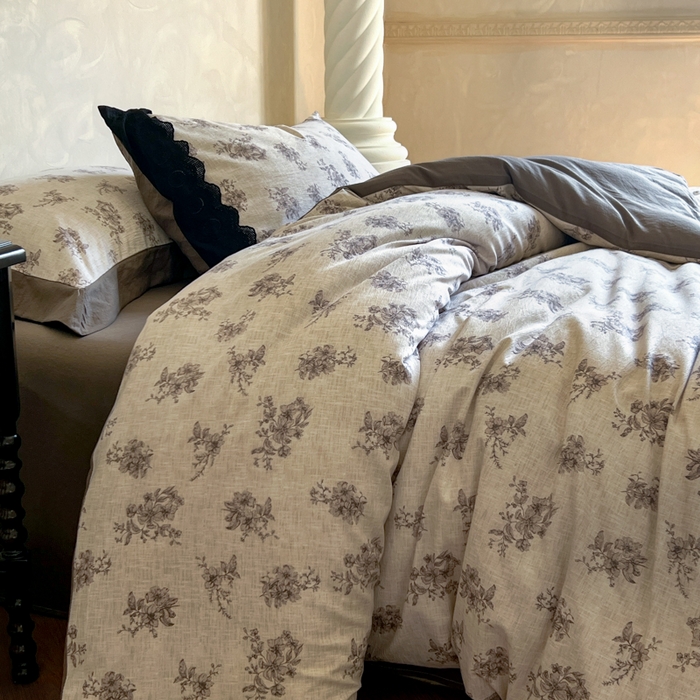 91家纺网 家纺一手货源 找家纺 繁花家居 2025秋冬磨毛复古亚麻棉麻提花超软四件套 素锦花漾